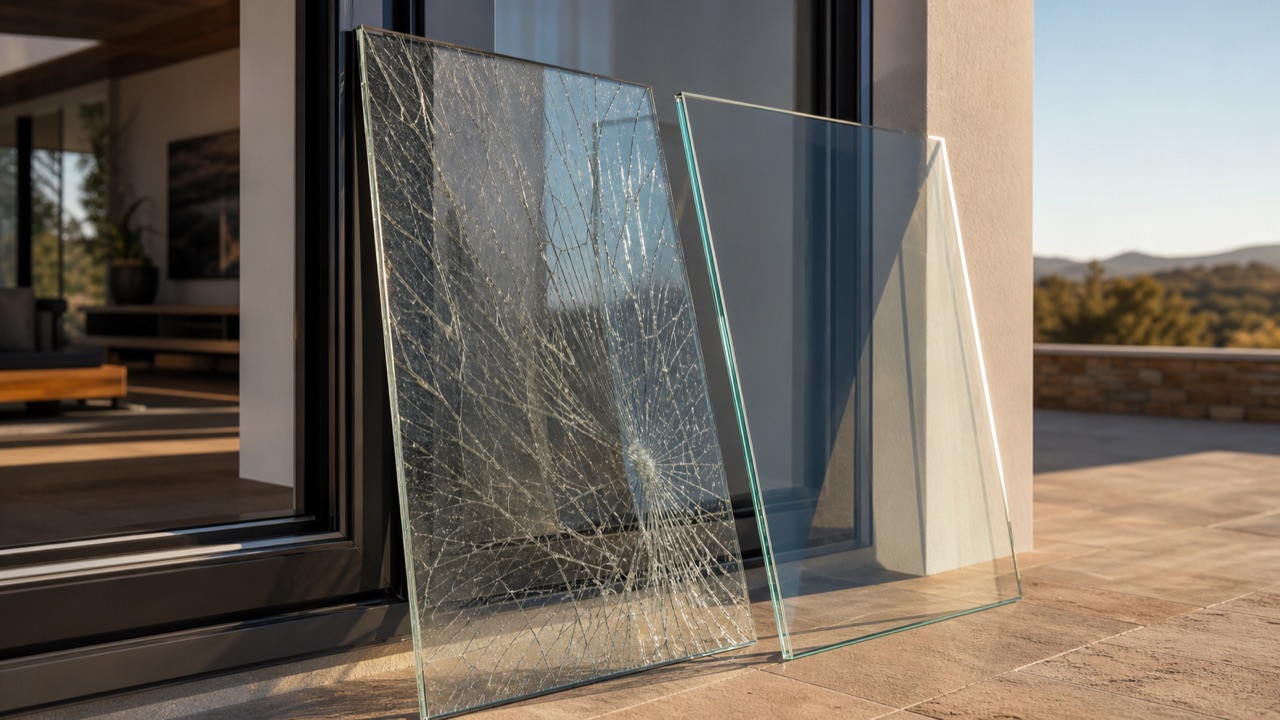 A cracked window pane beside a new clear pane of glass