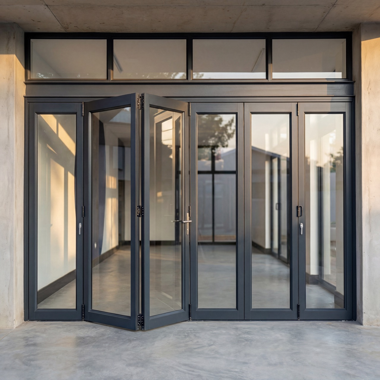 Charcoal aluminium stacking door installation